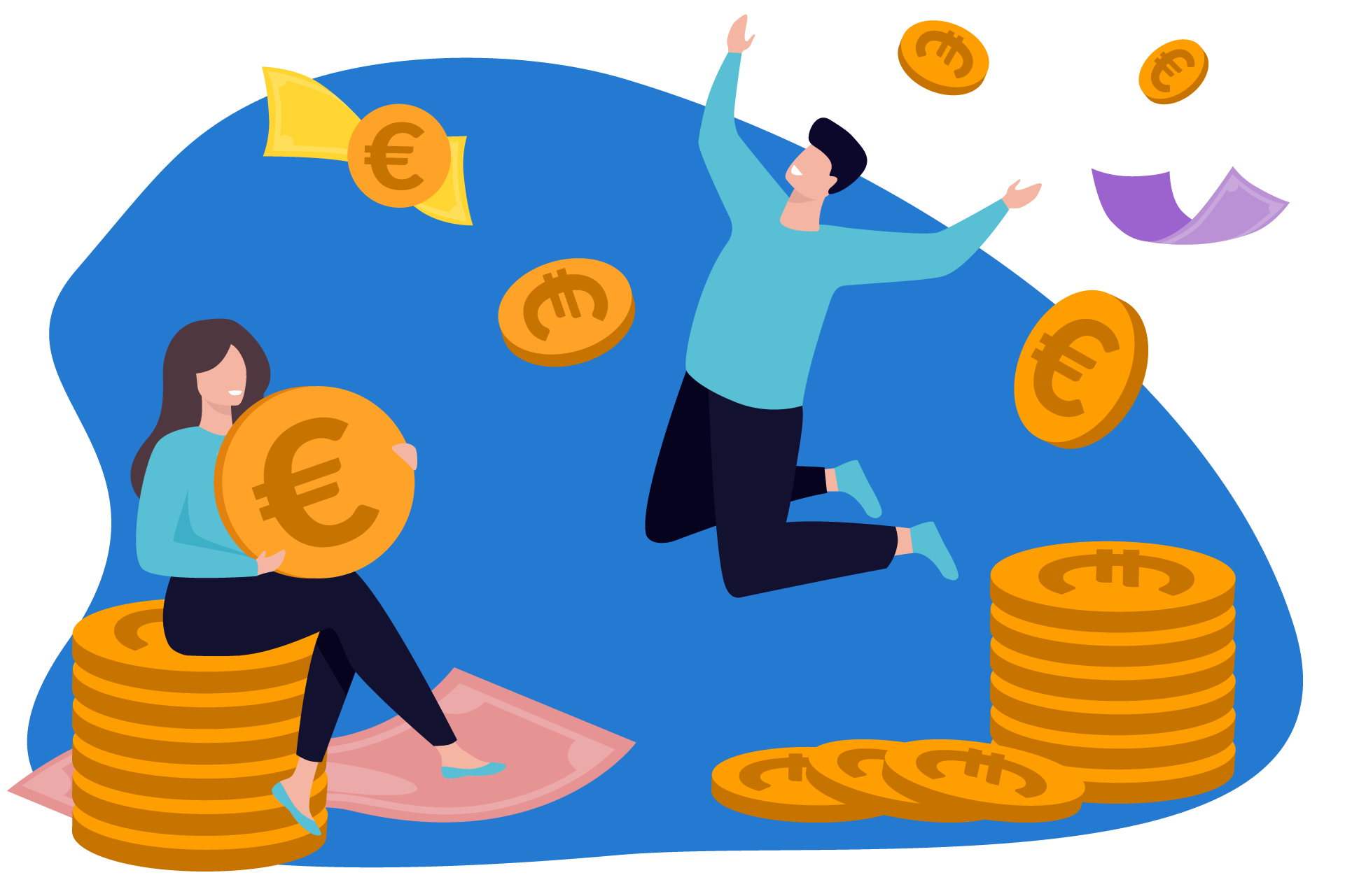 Ilustração de pessoas a saltar de felicidade, rodeadas por moedas de Euro